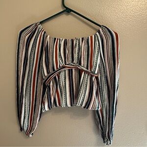 Girls' Striped Off-Shoulder Crop Top with Front Twist - Rust/Black/White